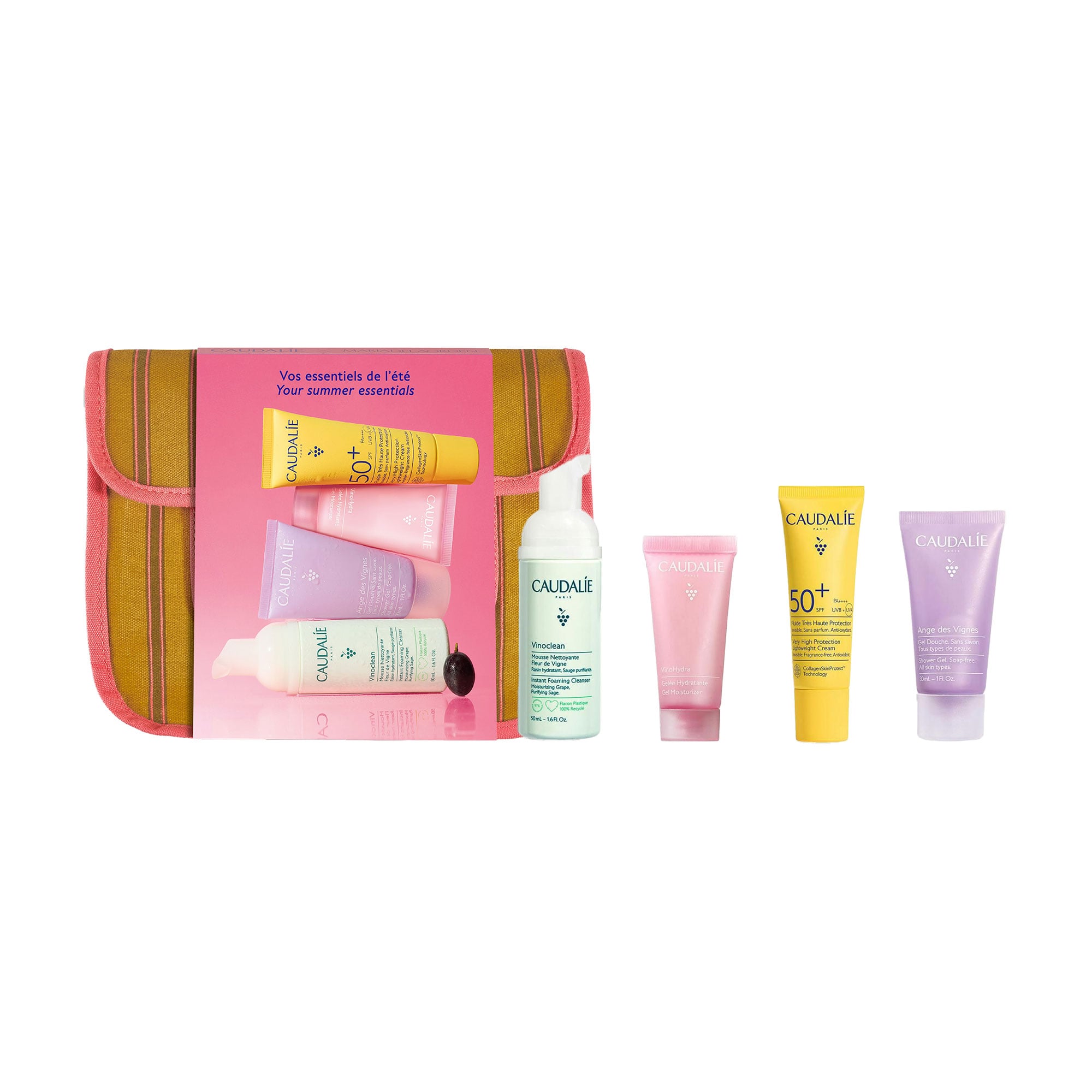 Набір для обличчя Caudalie Summer Pouch 2026 (очищувальний мус, 50 мл + гель, 15 мл + гель для душу, 30 мл + сонцезахистний крем, 20 мл + косметичка)
